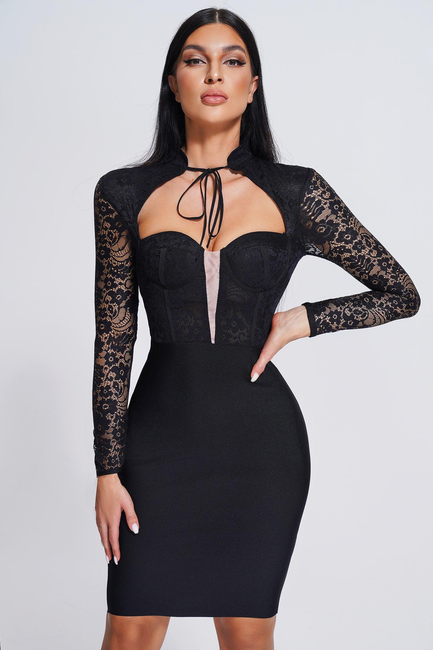 Long Sleeve Lace Midi Bandage Dress in Black | Mix Mix Style [Hot Seller]-Mix MIx Style