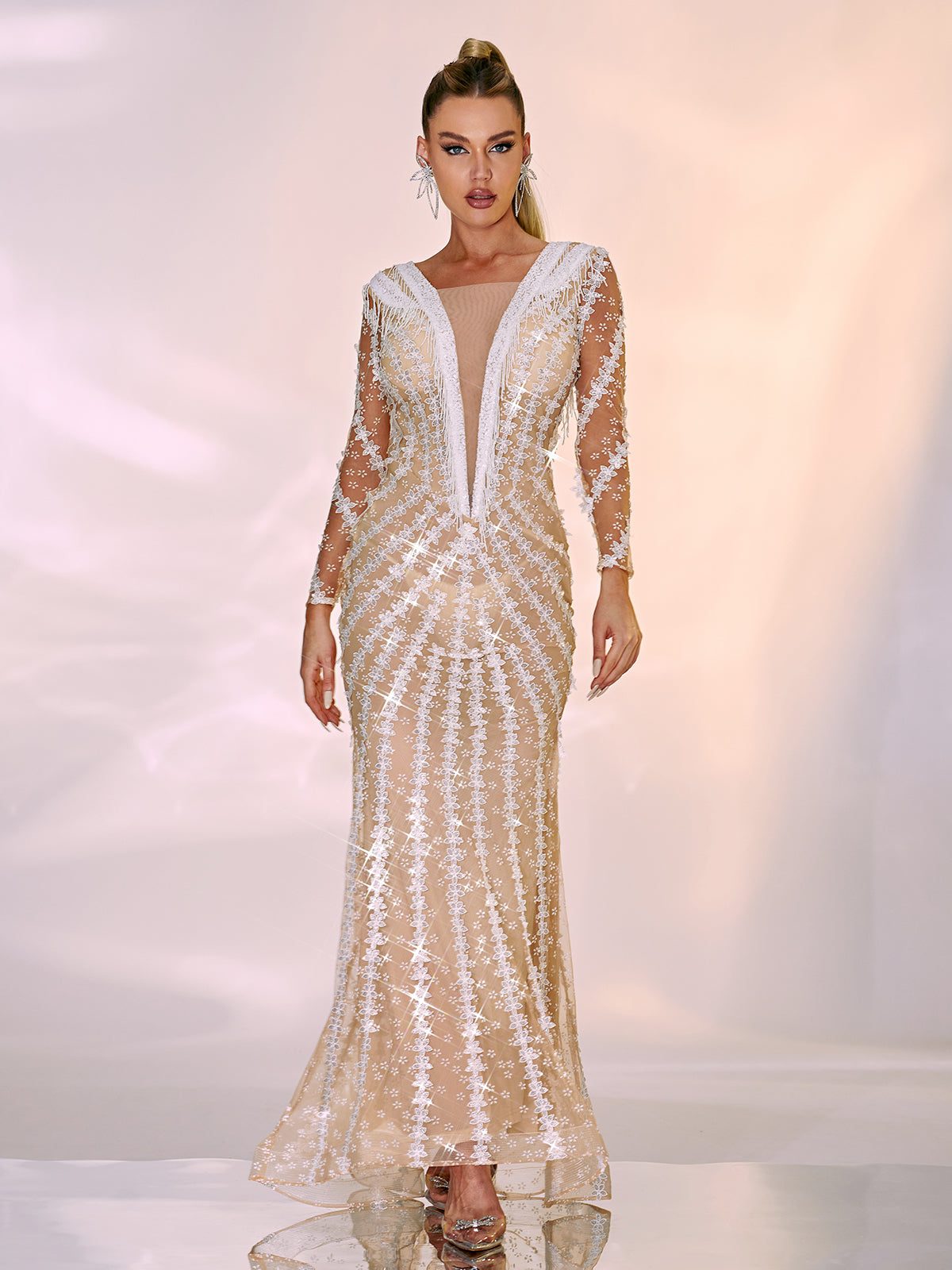 White Long Sleeve Embellished Maxi Dress | Mix Mix Style [Hot Seller]-Mix MIx Style