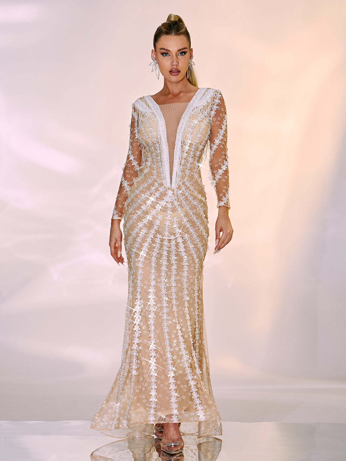 White Long Sleeve Embellished Maxi Dress | Mix Mix Style [Hot Seller]-Mix MIx Style