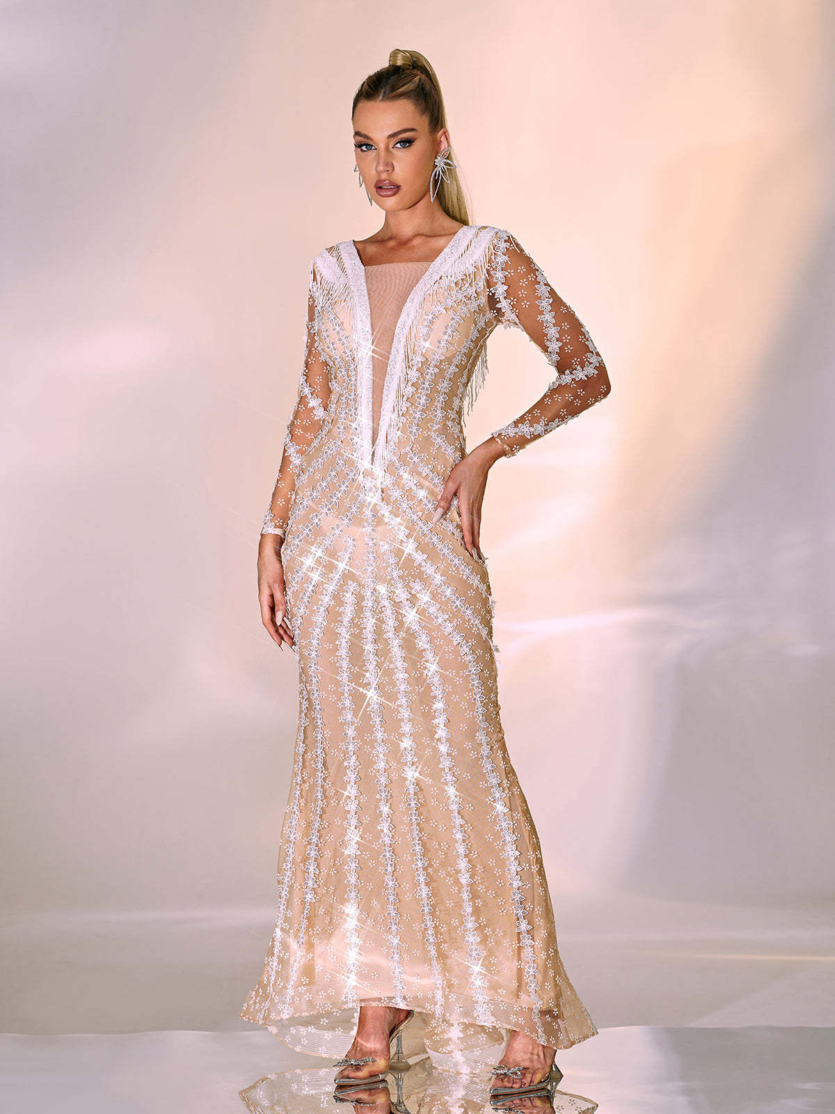 White Long Sleeve Embellished Maxi Dress | Mix Mix Style [Hot Seller]-Mix MIx Style
