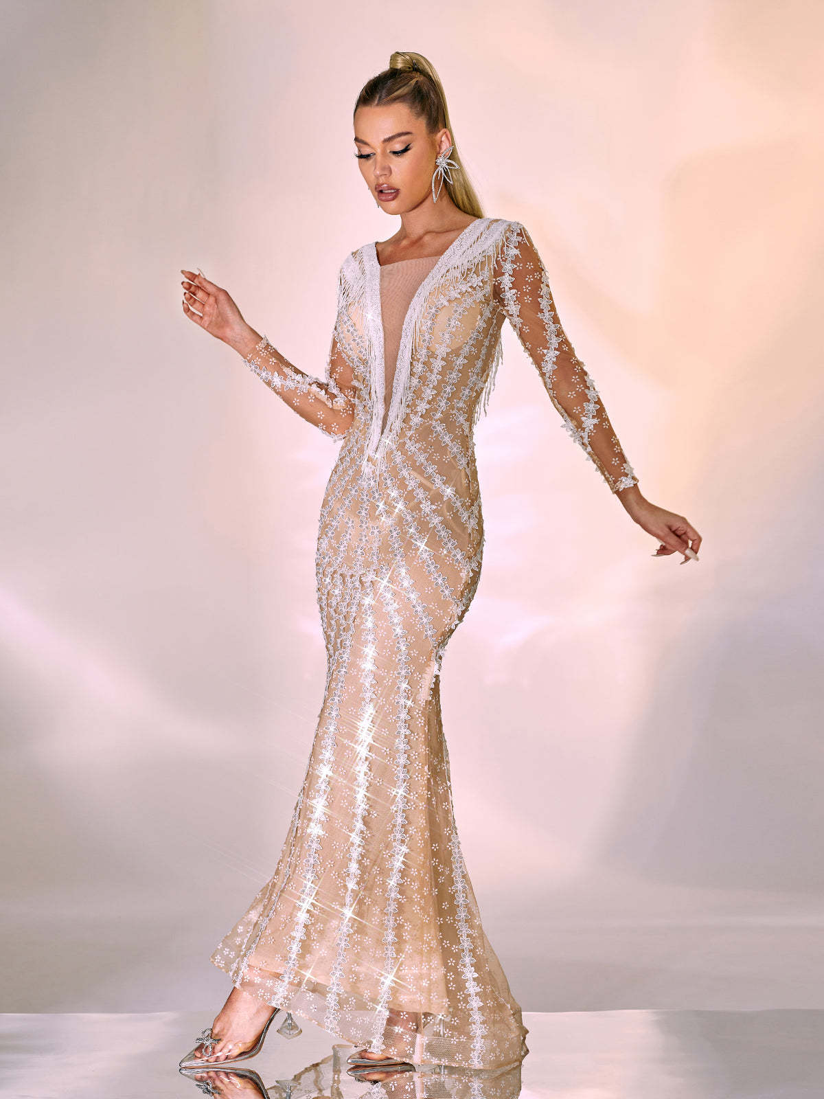 White Long Sleeve Embellished Maxi Dress | Mix Mix Style [Hot Seller]-Mix MIx Style