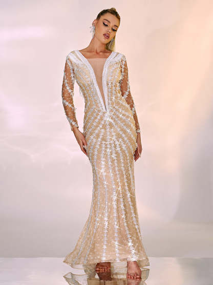 White Long Sleeve Embellished Maxi Dress | Mix Mix Style [Hot Seller]-Mix MIx Style