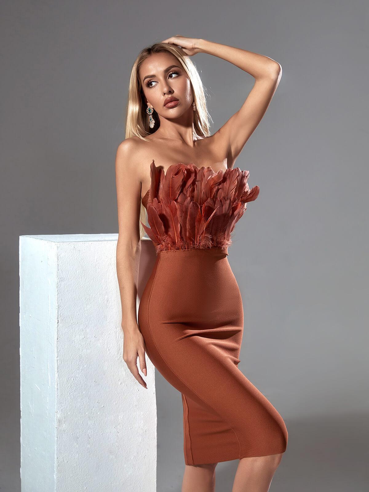 Darby Strapless Feather Bandage Dress In Brown-Mix MIx Style