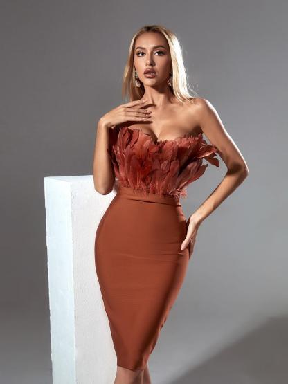 Darby Strapless Feather Bandage Dress In Brown-Mix MIx Style