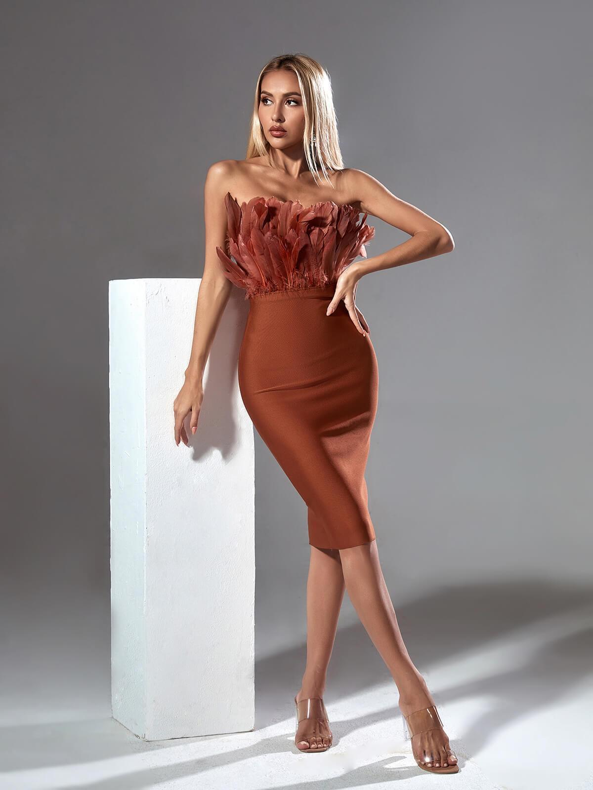 Darby Strapless Feather Bandage Dress In Brown-Mix MIx Style