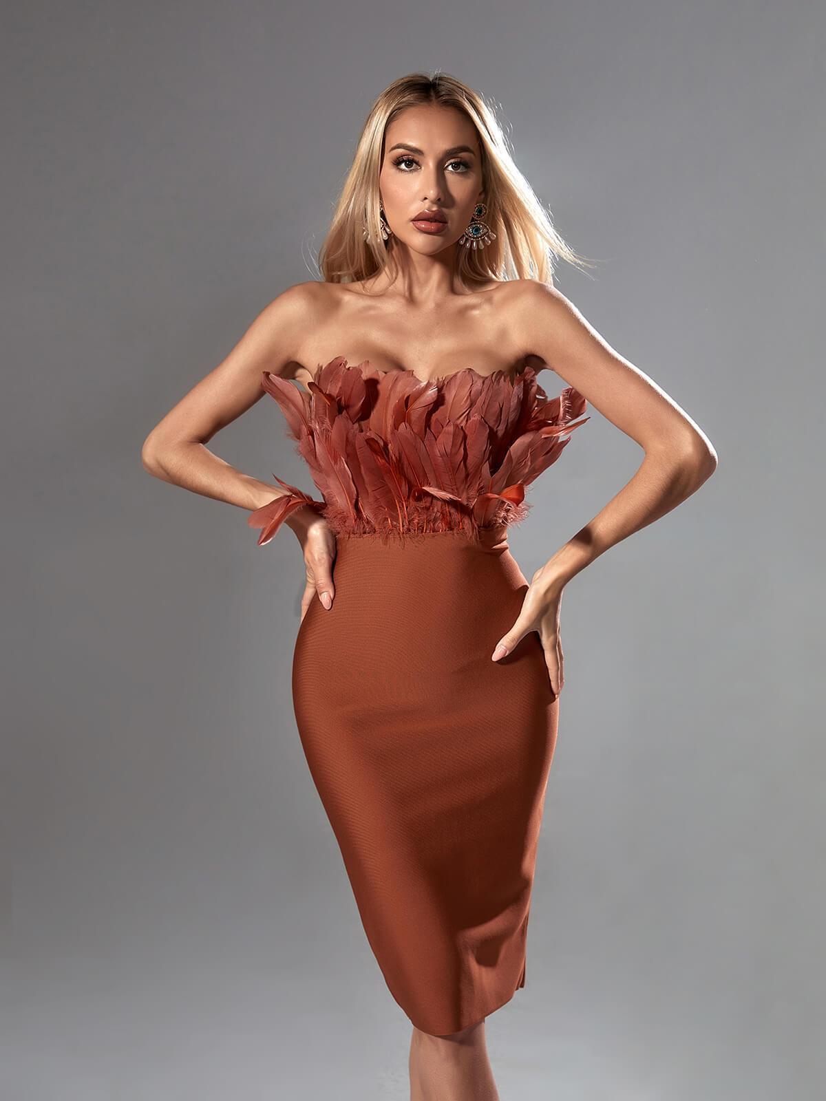 Darby Strapless Feather Bandage Dress In Brown-Mix MIx Style