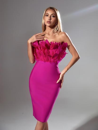 Darby Strapless Feather Bandage Dress In Hot Pink-Mix MIx Style