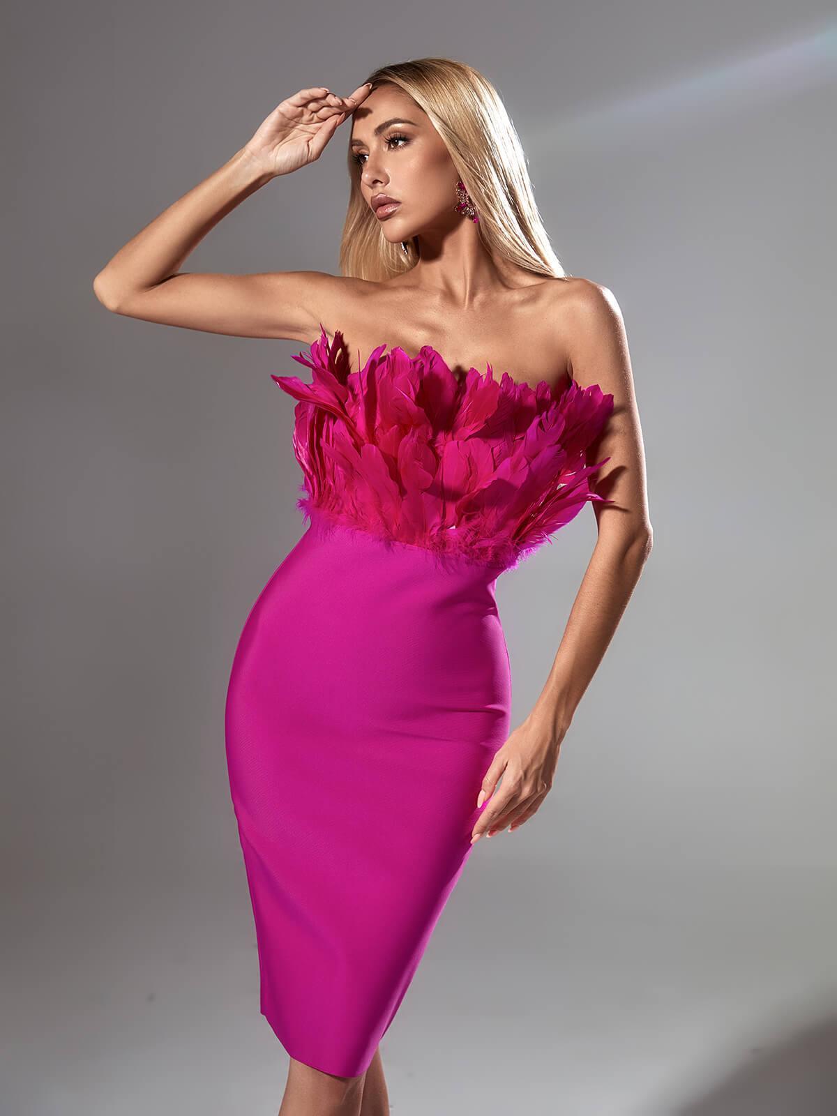 Darby Strapless Feather Bandage Dress In Hot Pink-Mix MIx Style