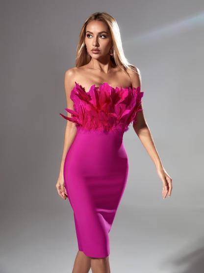 Darby Strapless Feather Bandage Dress In Hot Pink-Mix MIx Style