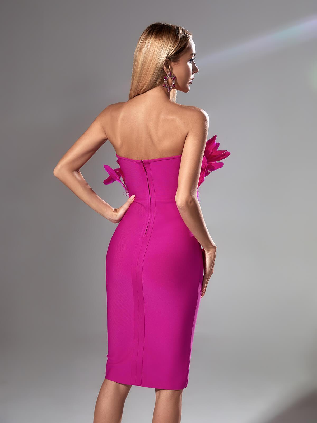Darby Strapless Feather Bandage Dress In Hot Pink-Mix MIx Style