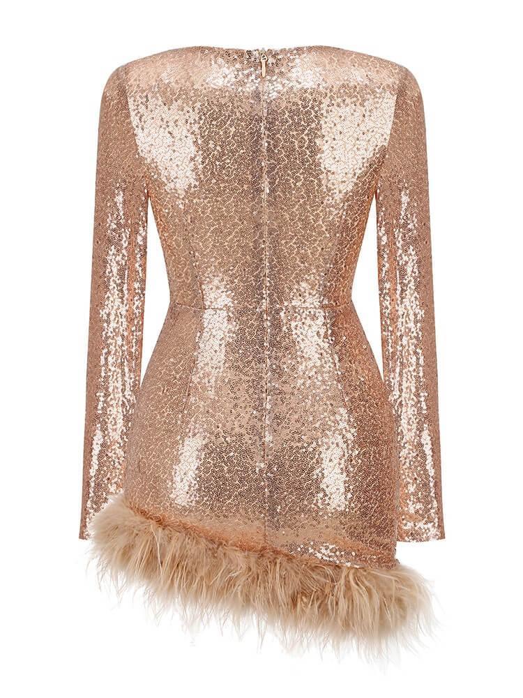 Long Sleeve Sequin Feather Mini Dress In Champagne | Mix Mix Style [Hot Seller]-Mix MIx Style