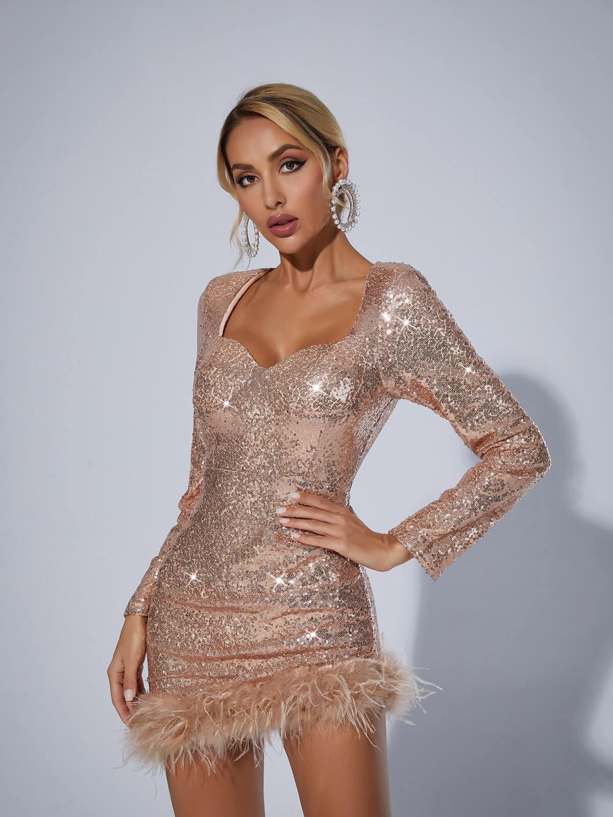 Long Sleeve Sequin Feather Mini Dress In Champagne | Mix Mix Style [Hot Seller]-Mix MIx Style