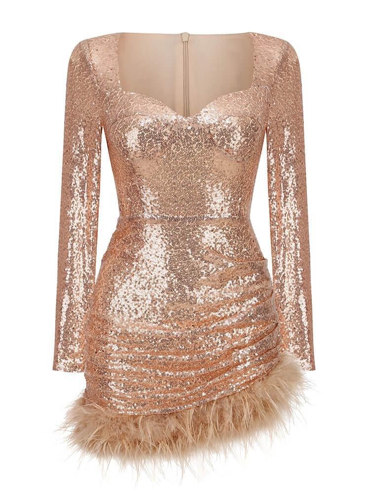 Long Sleeve Sequin Feather Mini Dress In Champagne | Mix Mix Style [Hot Seller]-Mix MIx Style