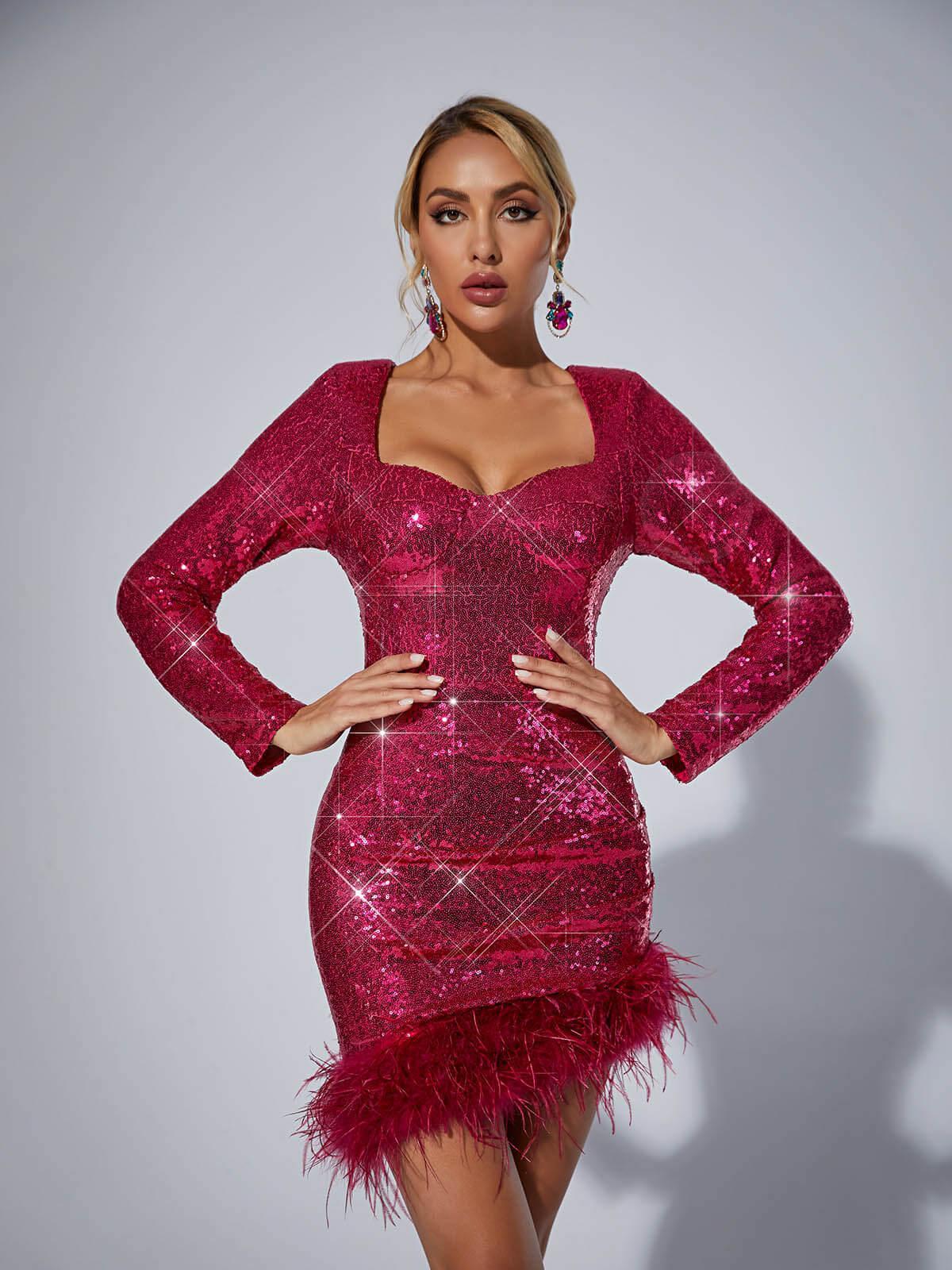 Daria Sequin Feather Mini Dress In Hot Pink-Mix MIx Style