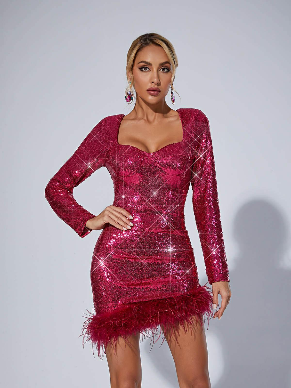 Daria Sequin Feather Mini Dress In Hot Pink-Mix MIx Style