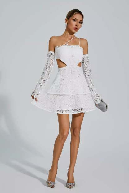 White Off shoulder long sleeve Cutout Embroidery Ruffle Lace Summer Mini Dress | Mix Mix Style