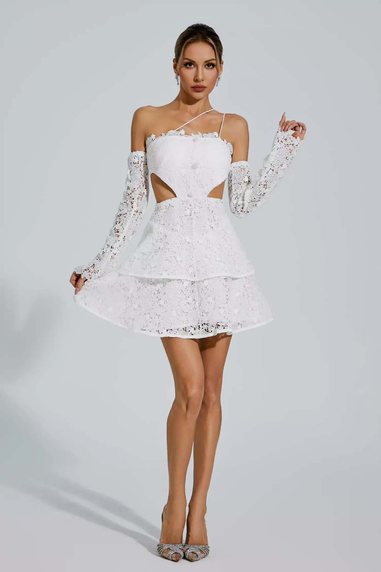 White Off shoulder long sleeve Cutout Embroidery Ruffle Lace Summer Mini Dress | Mix Mix Style-Mix MIx Style