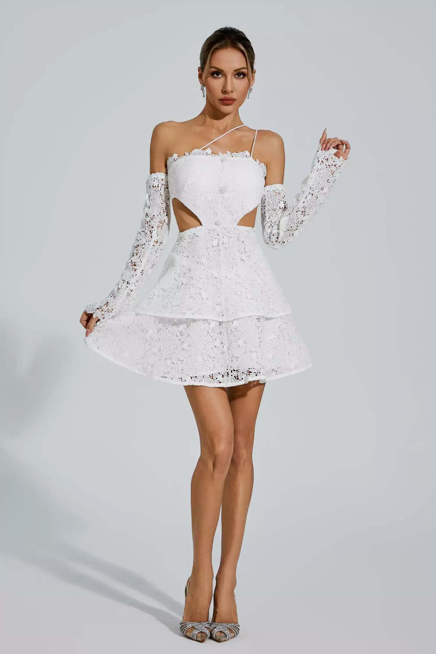 White Off shoulder long sleeve Cutout Embroidery Ruffle Lace Summer Mini Dress | Mix Mix Style-Mix MIx Style