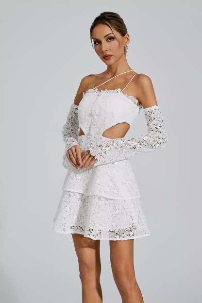 White Off shoulder long sleeve Cutout Embroidery Ruffle Lace Summer Mini Dress | Mix Mix Style
