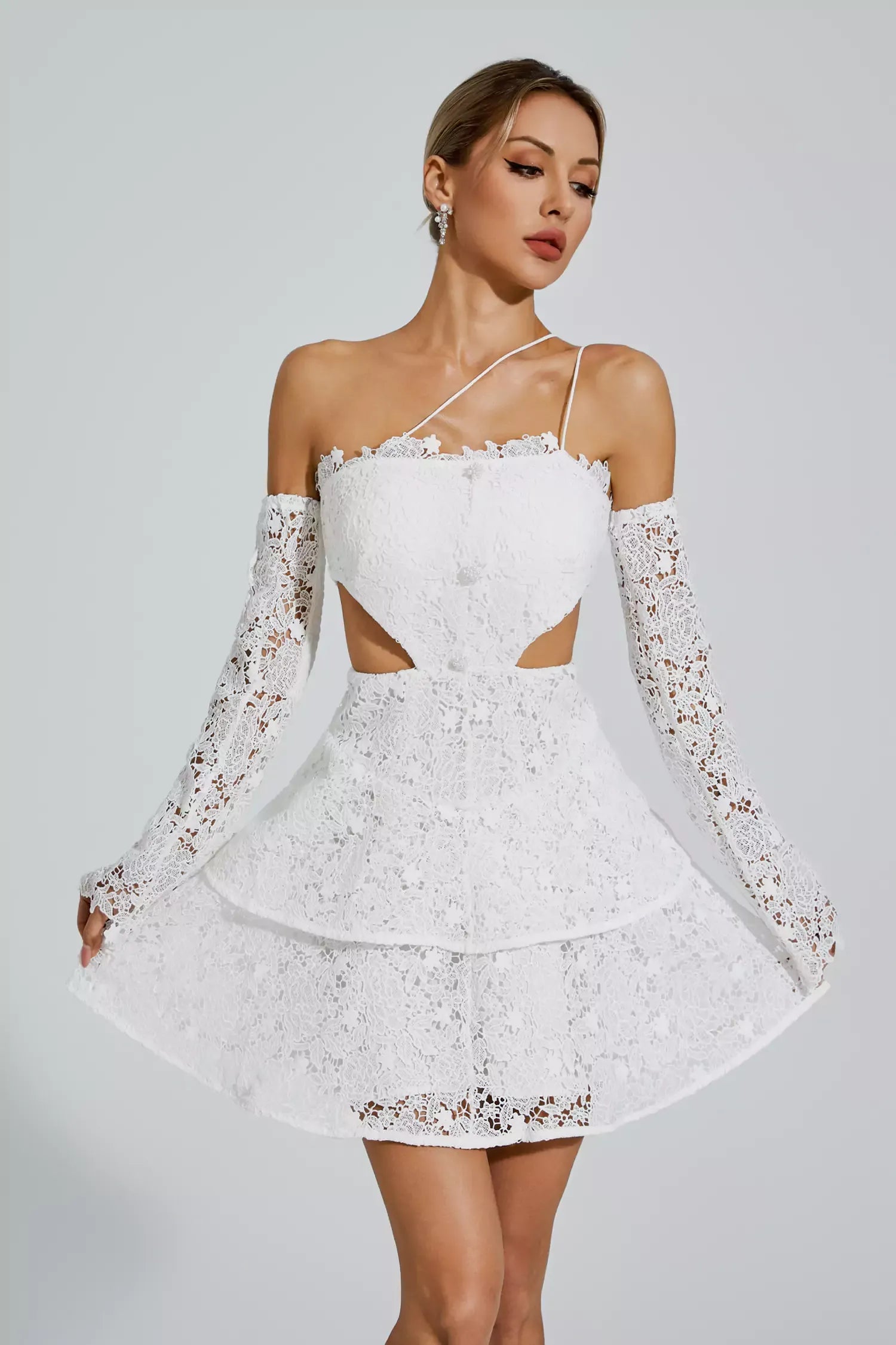 White Off shoulder long sleeve Cutout Embroidery Ruffle Lace Summer Mini Dress | Mix Mix Style