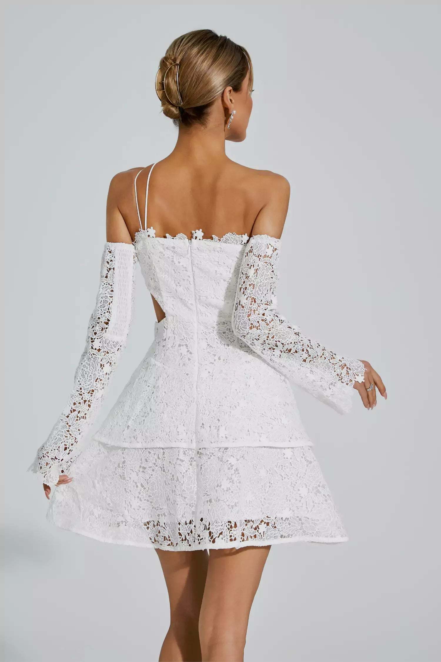 White Off shoulder long sleeve Cutout Embroidery Ruffle Lace Summer Mini Dress | Mix Mix Style
