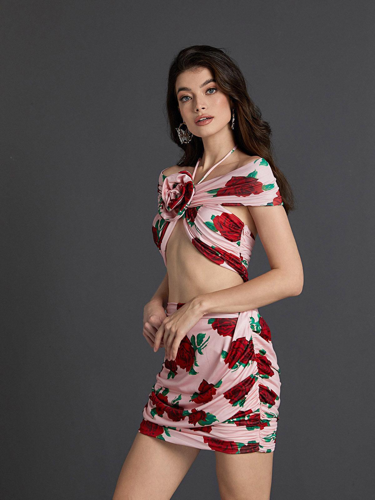 Dee Halterneck Rose Printed Skirt Set-Mix MIx Style
