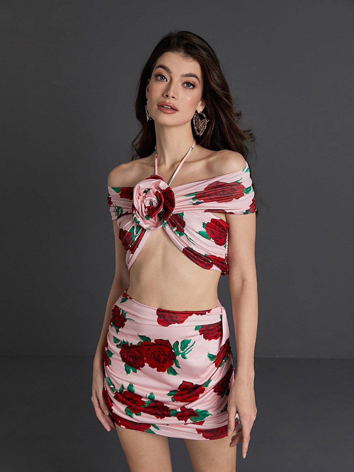 Dee Halterneck Rose Printed Skirt Set-Mix MIx Style