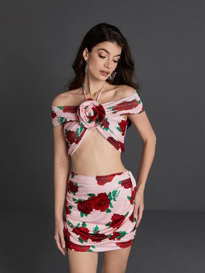 Dee Halterneck Rose Printed Skirt Set-Mix MIx Style