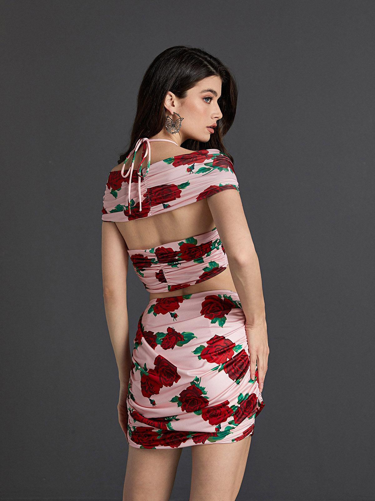 Dee Halterneck Rose Printed Skirt Set-Mix MIx Style
