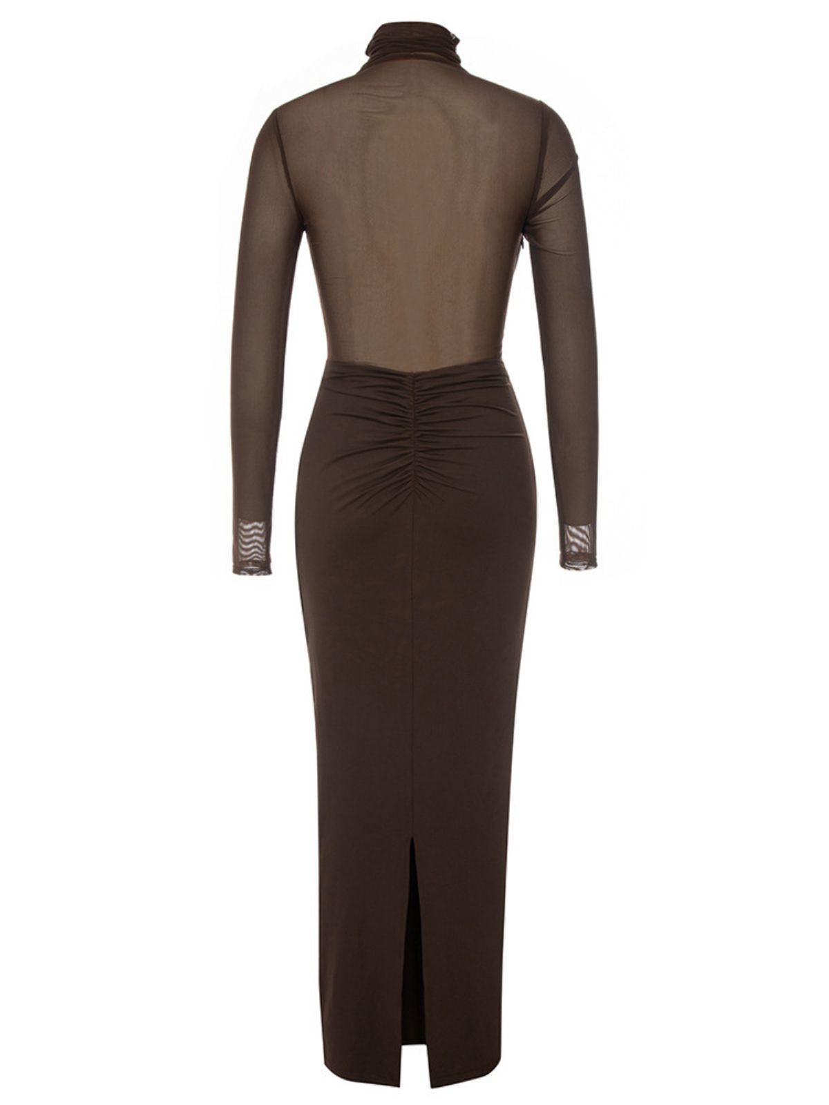 Brown Long Sleeve Mesh Maxi Dress | Mix Mix Style [Hot Seller]-Mix MIx Style