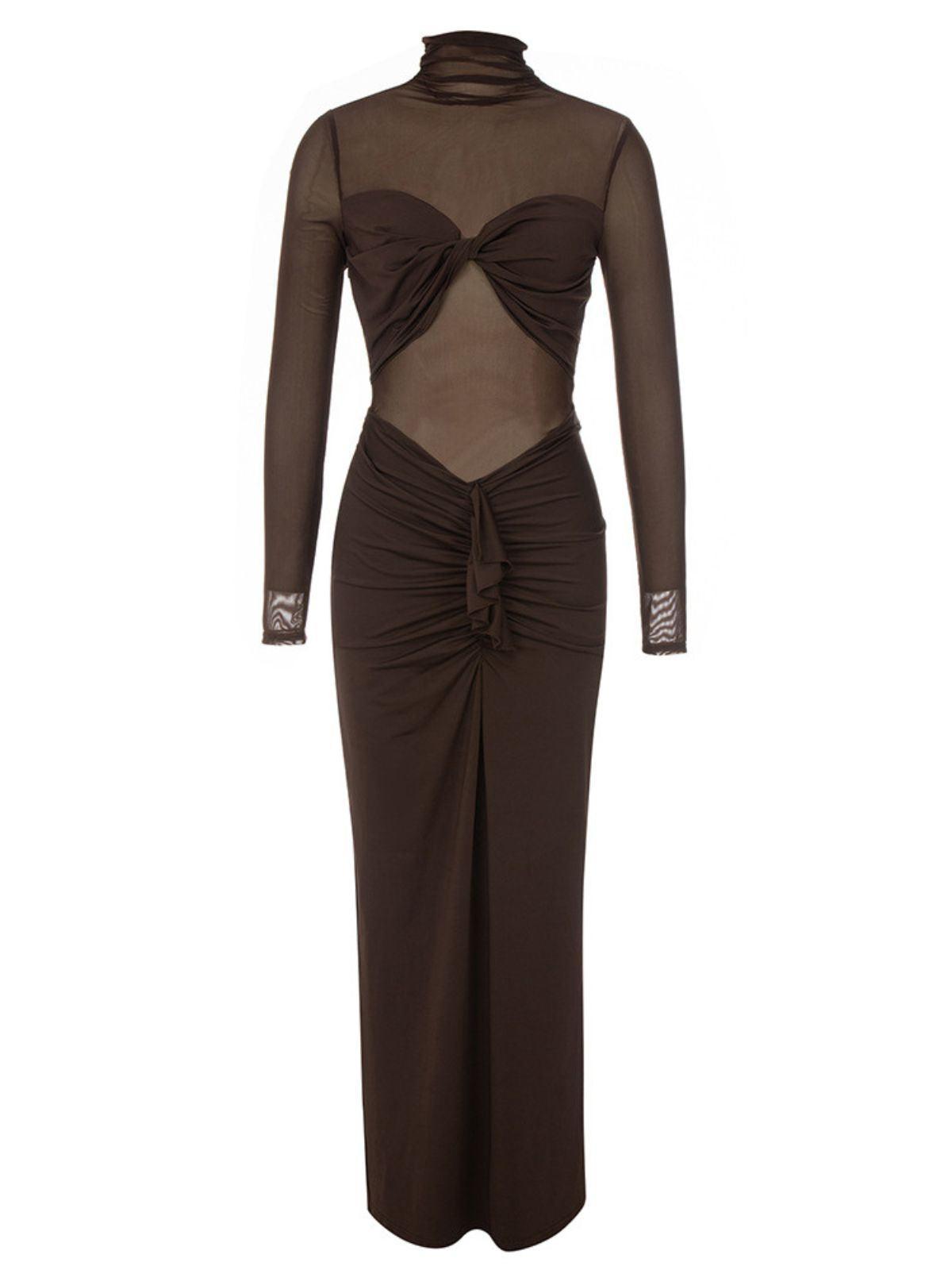 Brown Long Sleeve Mesh Maxi Dress | Mix Mix Style [Hot Seller]-Mix MIx Style
