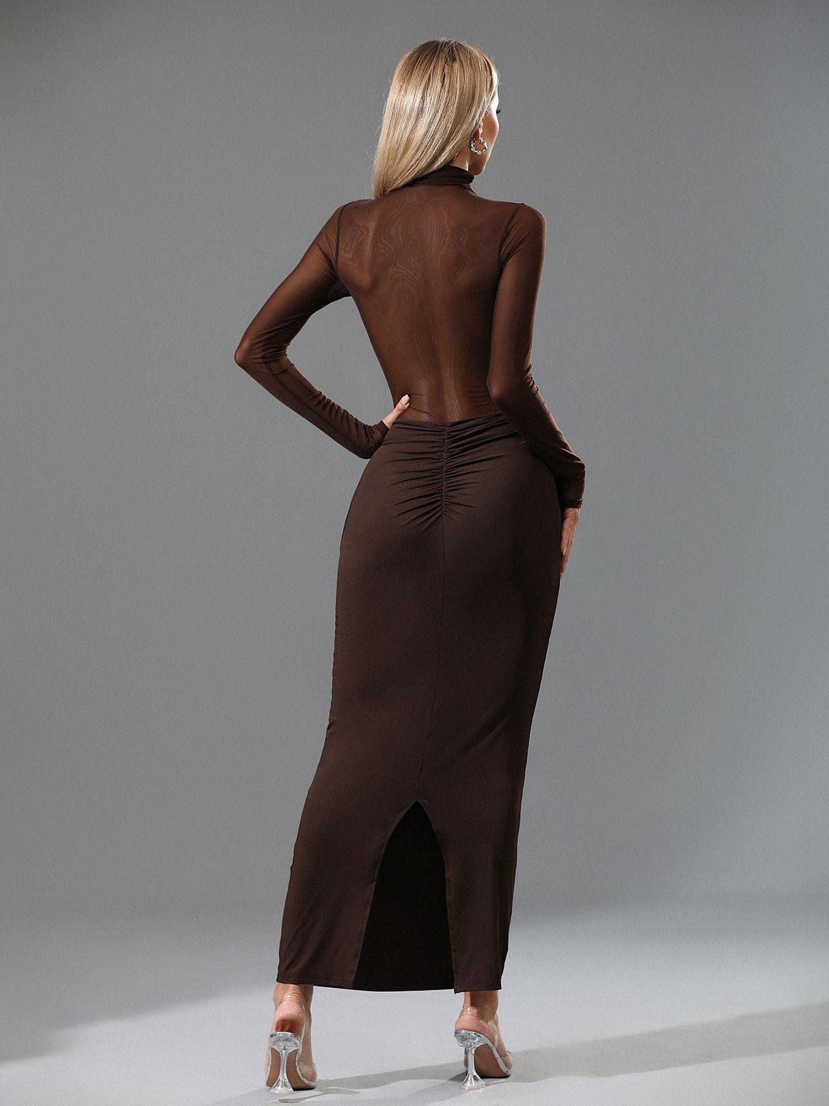 Brown Long Sleeve Mesh Maxi Dress | Mix Mix Style [Hot Seller]-Mix MIx Style