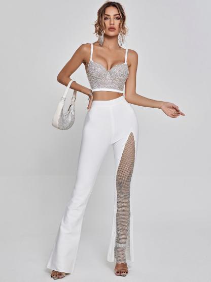 Della Mesh Diamond Bandage Pants In White-Mix MIx Style
