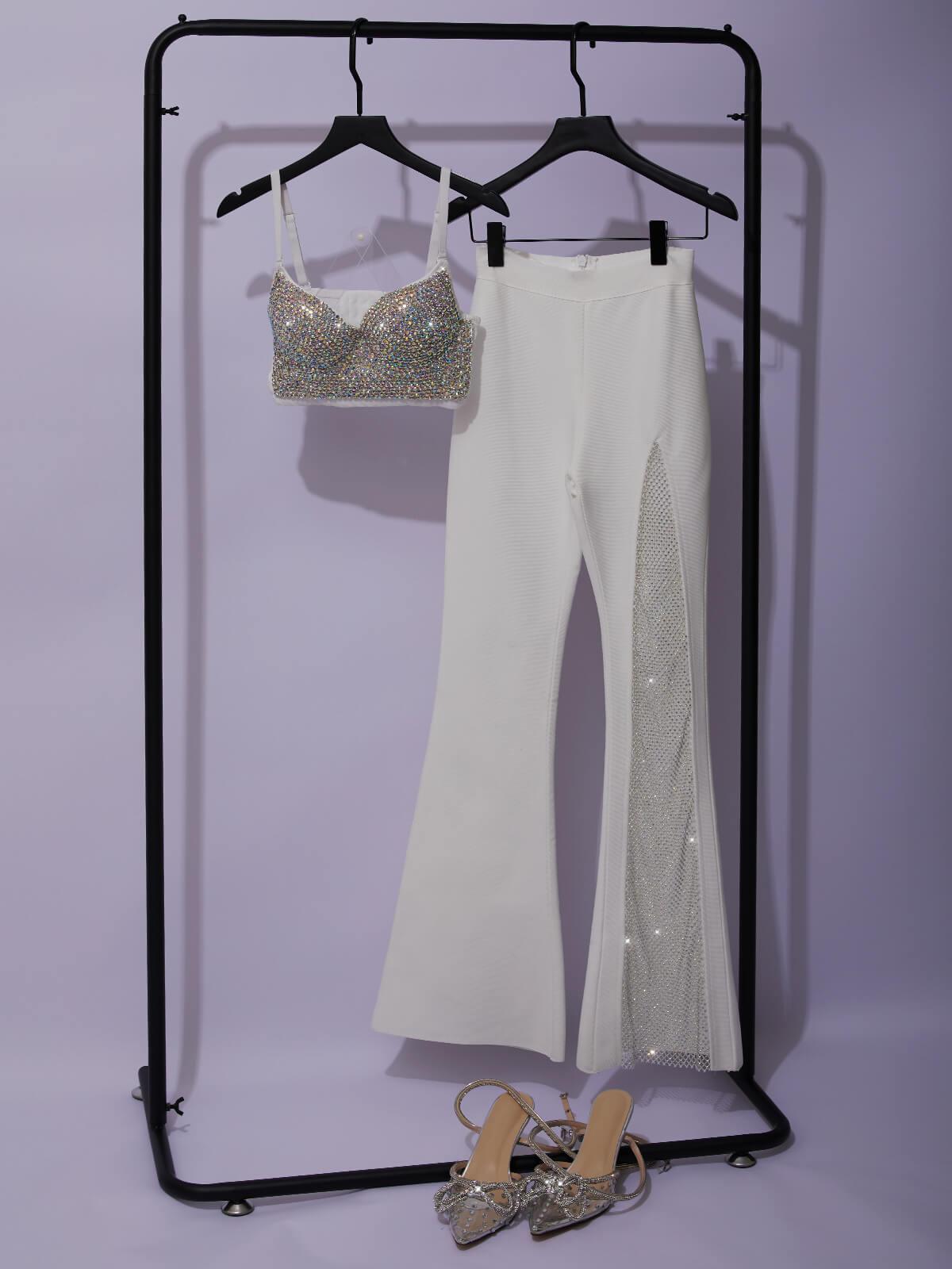 Della Mesh Diamond Bandage Pants In White-Mix MIx Style