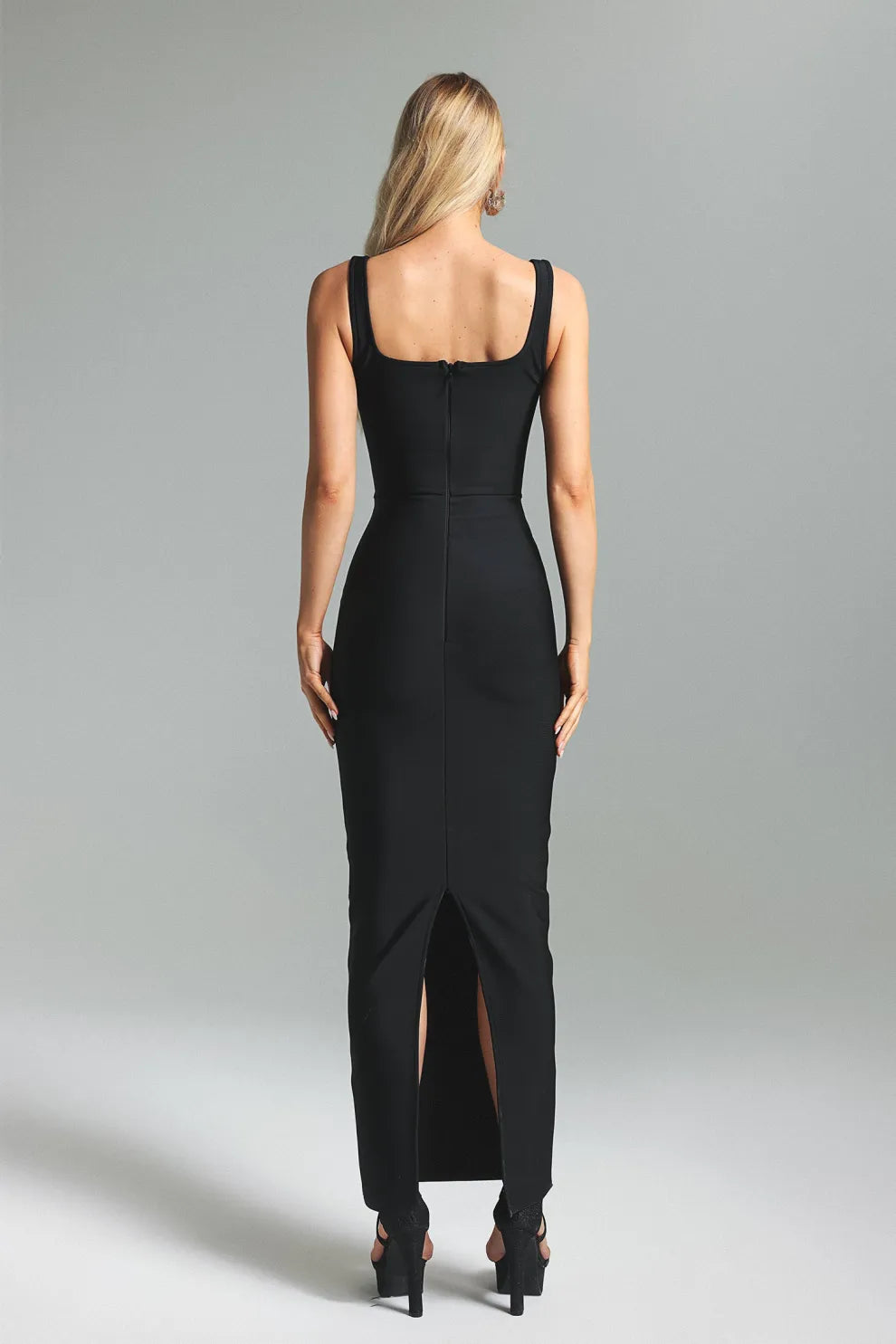 Black square neck backless Diamonds dots Pattern bandage evening party Maxi Dress | Mix Mix Style