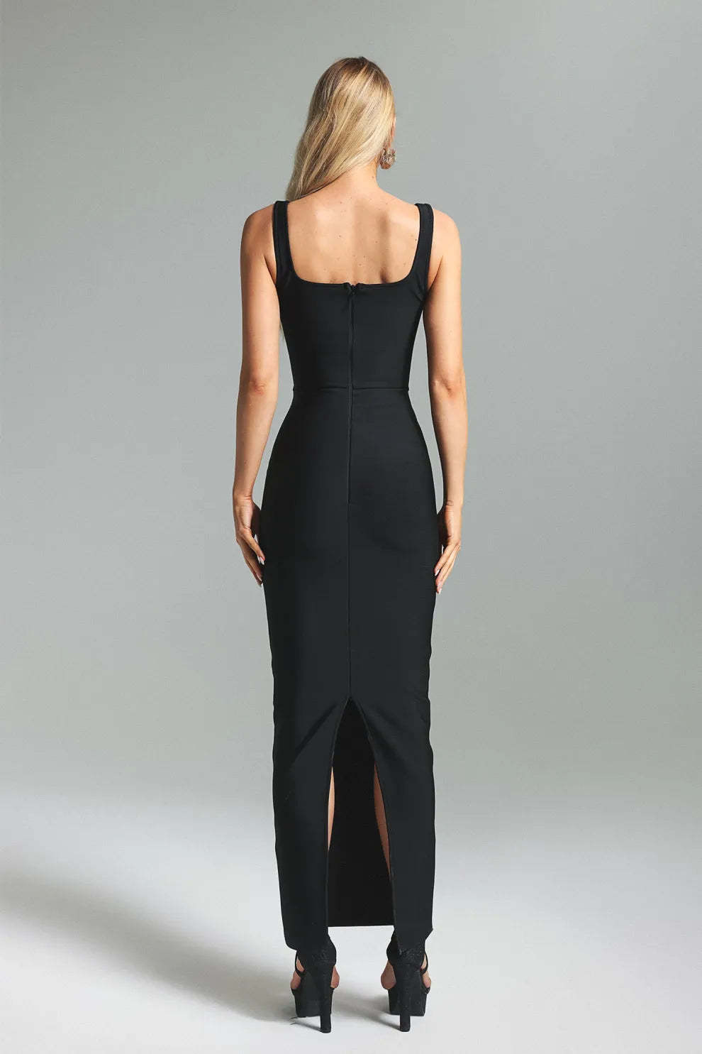 Black square neck backless Diamonds dots Pattern bandage evening party Maxi Dress | Mix Mix Style