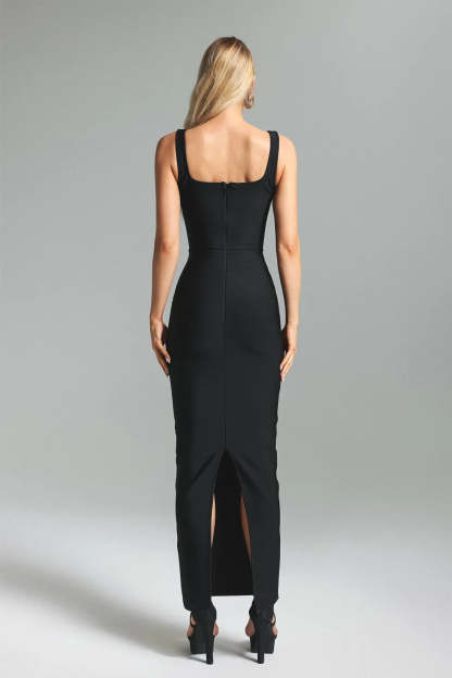 Black square neck backless Diamonds dots Pattern bandage evening party Maxi Dress | Mix Mix Style