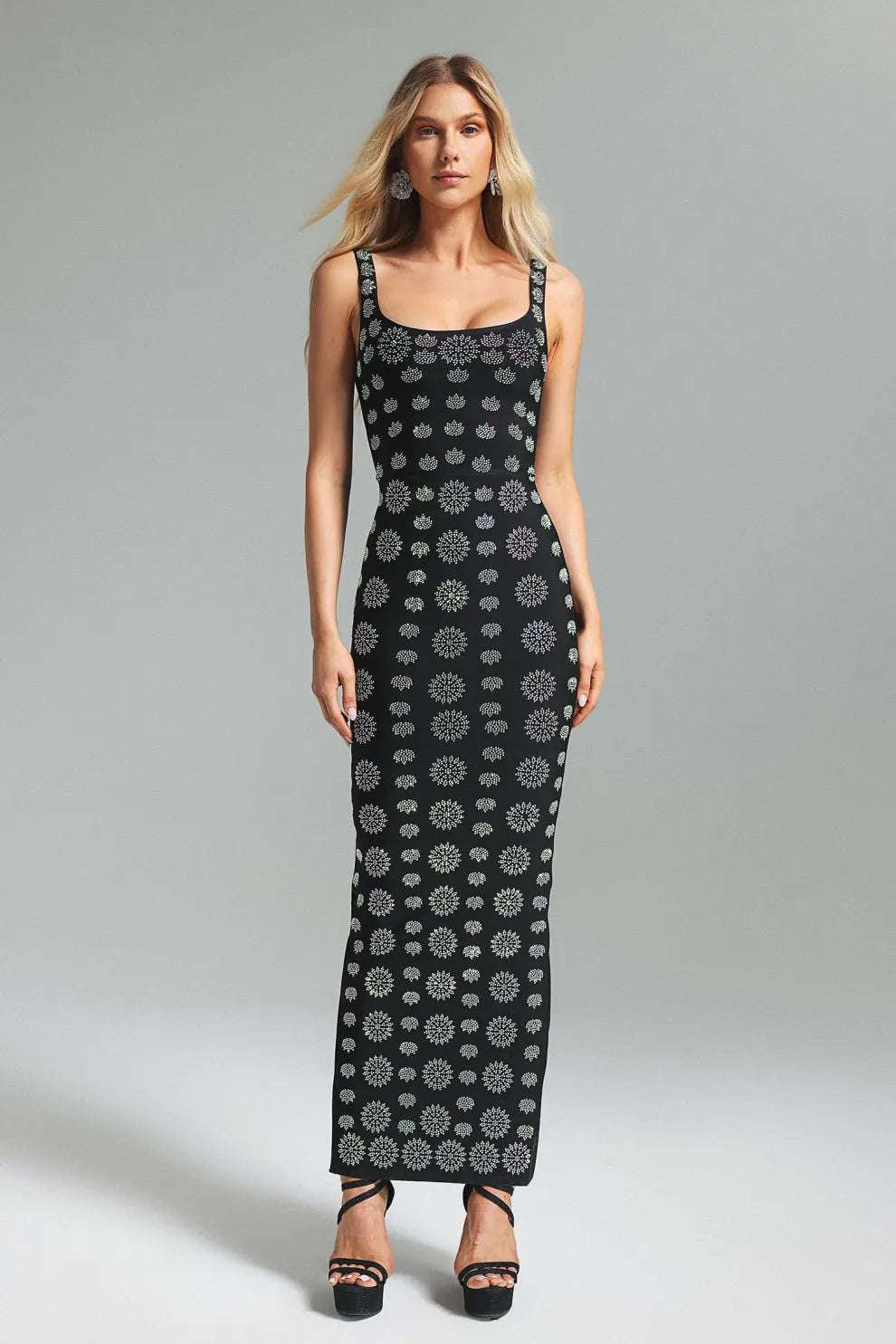 Black square neck backless Diamonds dots Pattern bandage evening party Maxi Dress | Mix Mix Style