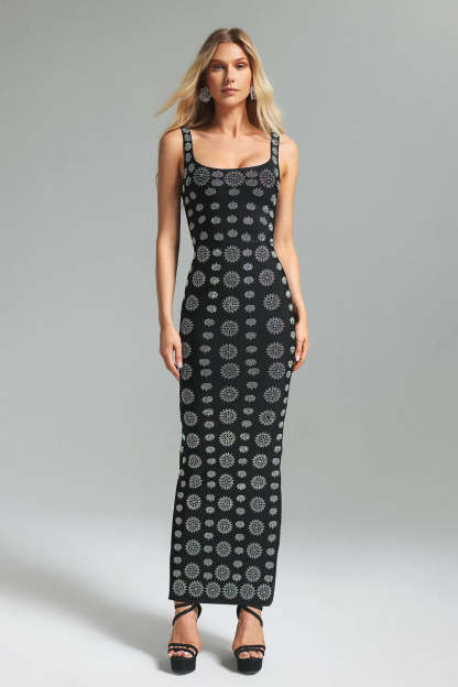 Black square neck backless Diamonds dots Pattern bandage evening party Maxi Dress | Mix Mix Style