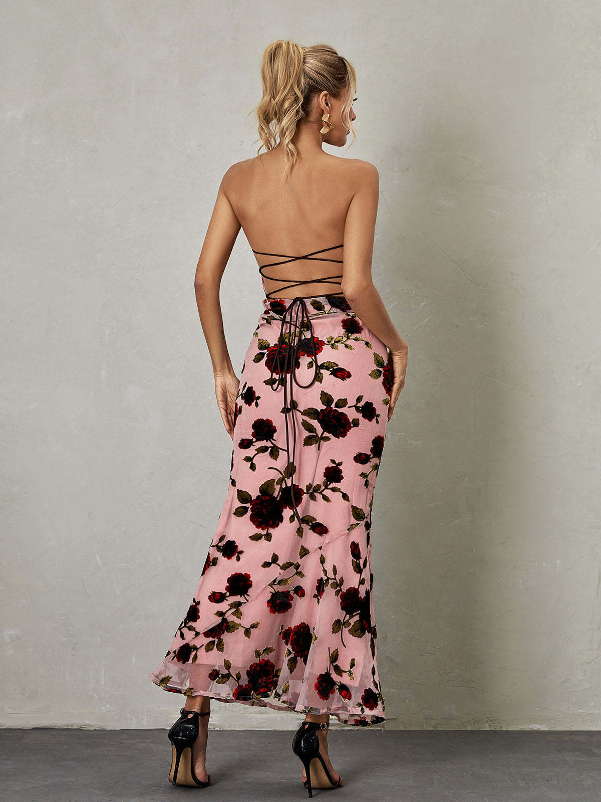 Demeter Mesh Rose Backless Maxi Dress-Mix MIx Style