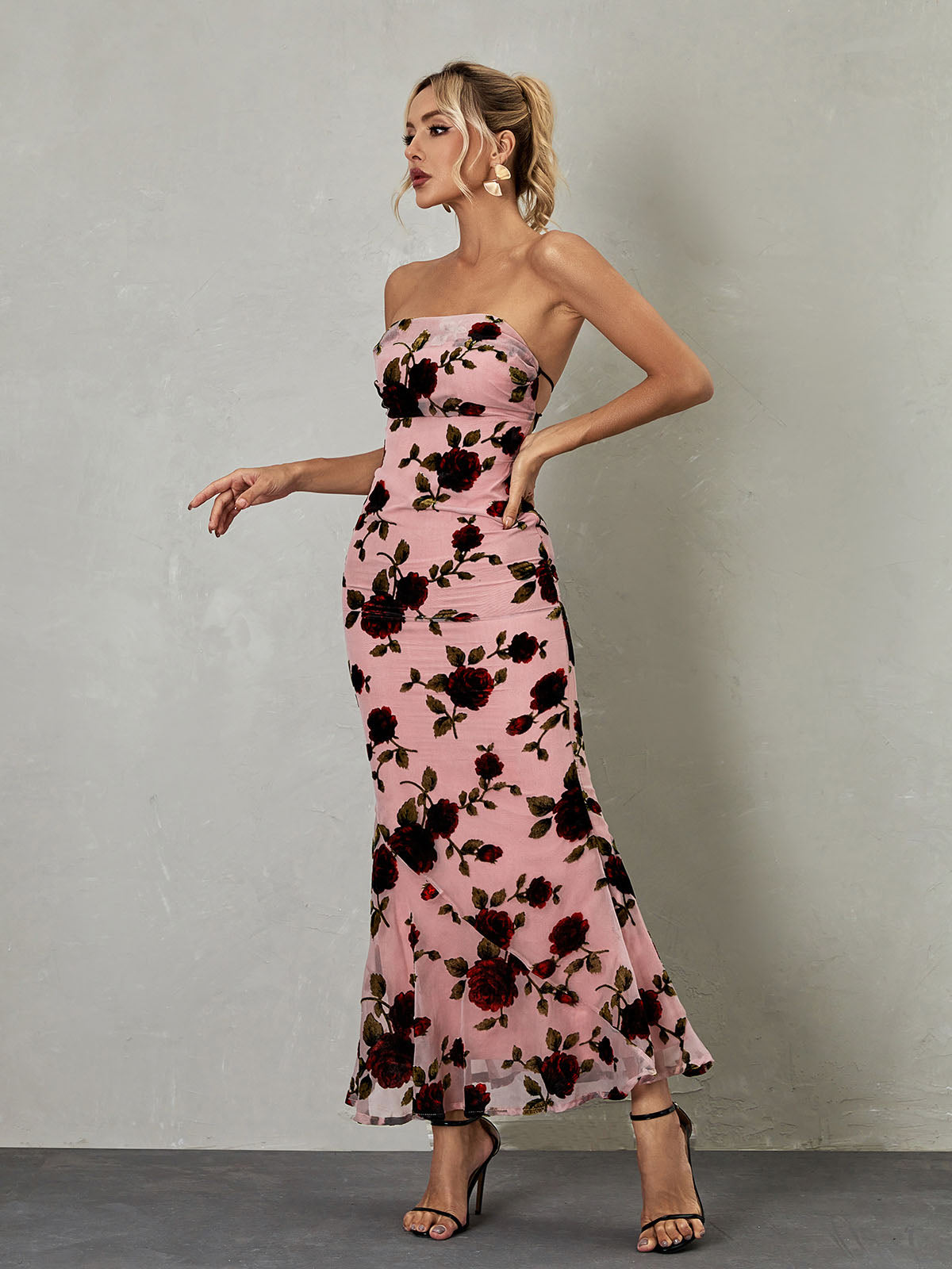 Demeter Mesh Rose Backless Maxi Dress-Mix MIx Style