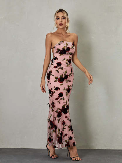 Demeter Mesh Rose Backless Maxi Dress-Mix MIx Style