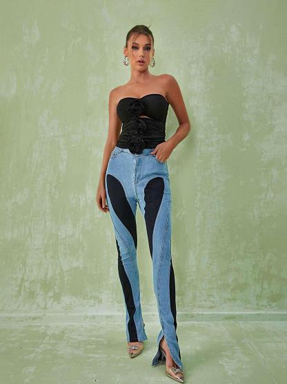 Demetria Flower Cutout Top In Black-Mix MIx Style