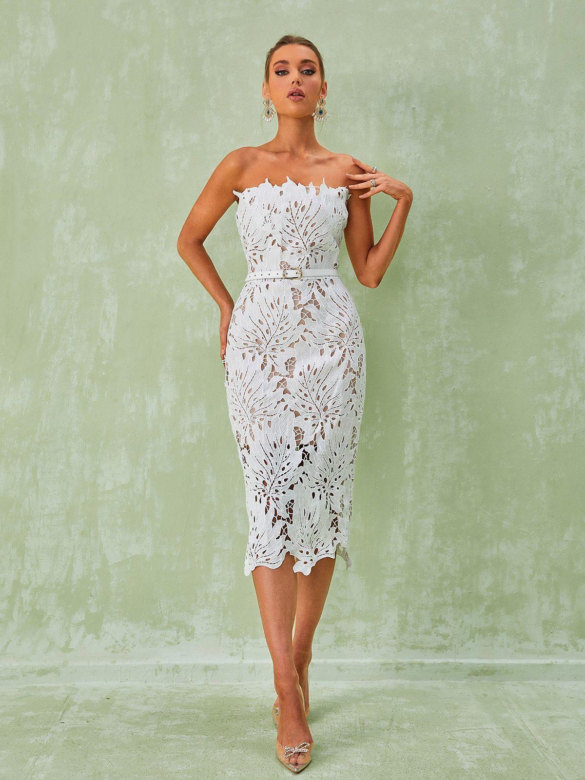 Strapless White Lace Midi Dress | Mix Mix Style [Hot Seller]-Mix MIx Style
