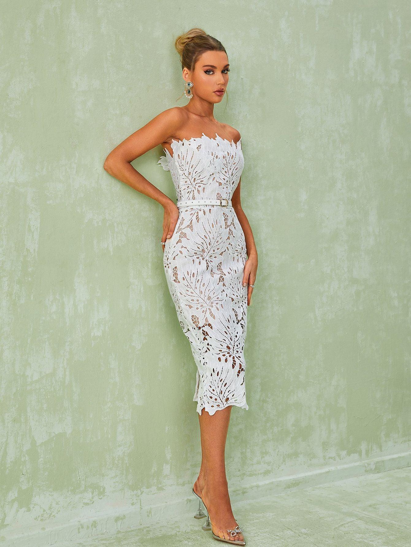 Strapless White Lace Midi Dress | Mix Mix Style [Hot Seller]-Mix MIx Style