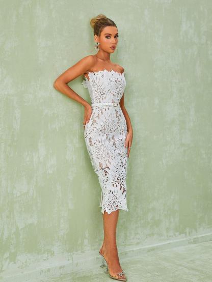 Strapless White Lace Midi Dress | Mix Mix Style [Hot Seller]-Mix MIx Style