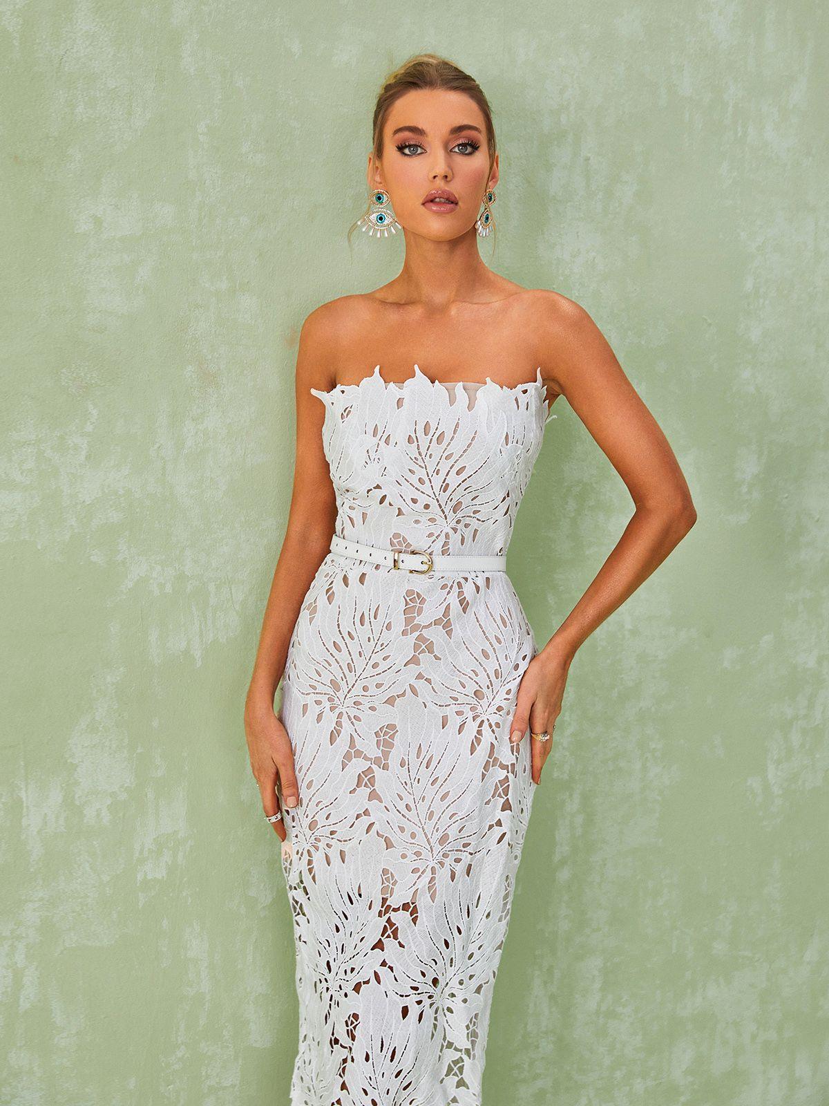 Strapless White Lace Midi Dress | Mix Mix Style [Hot Seller]-Mix MIx Style