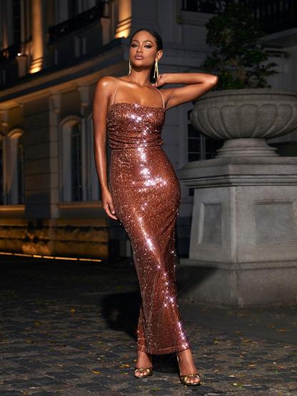 Sequin Maxi Dress In Chocolate | Mix Mix Style [Hot Seller]-Mix MIx Style