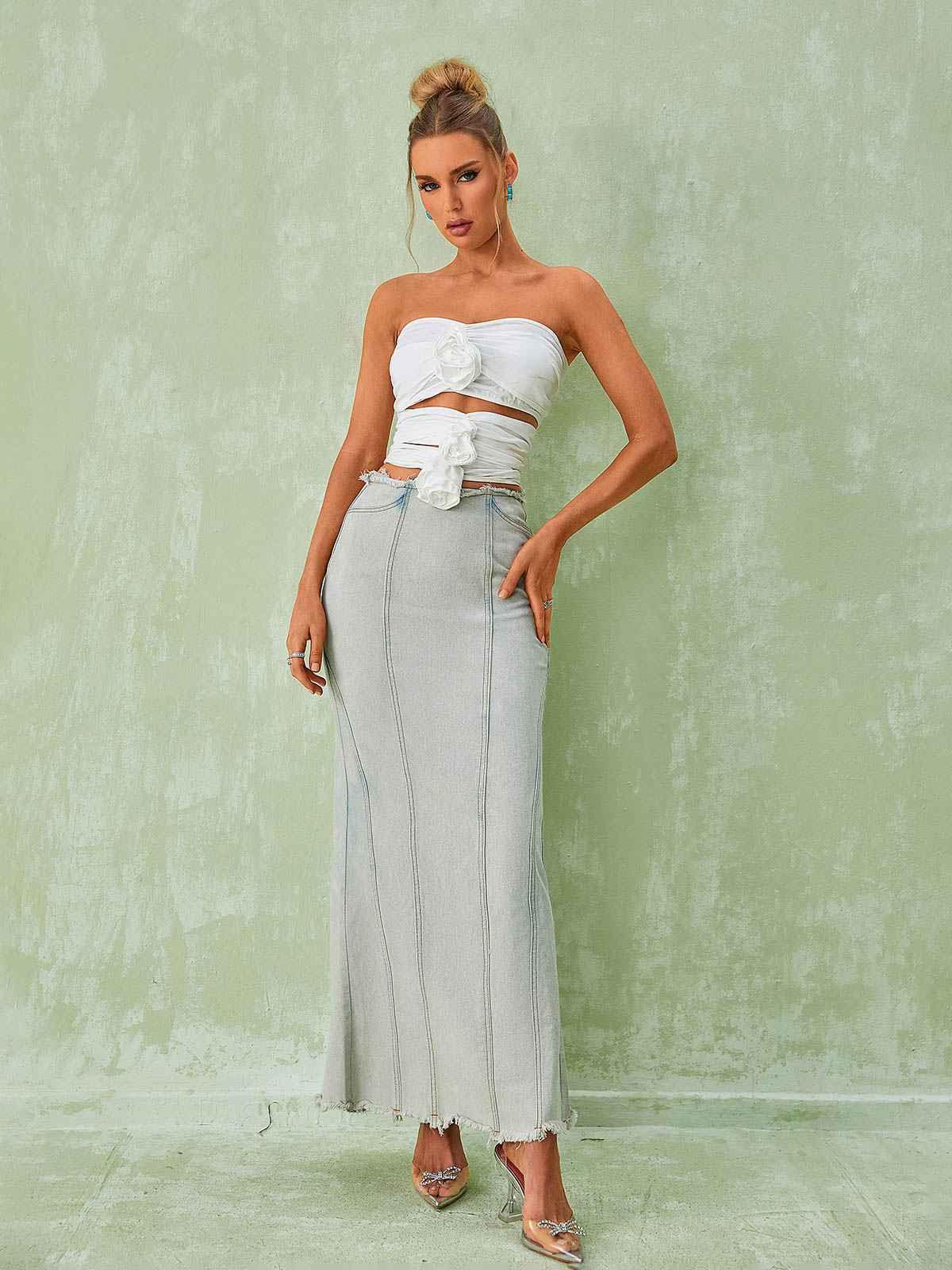 Gray Denim Maxi Skirt | Mix Mix Style [Hot Seller]-Mix MIx Style