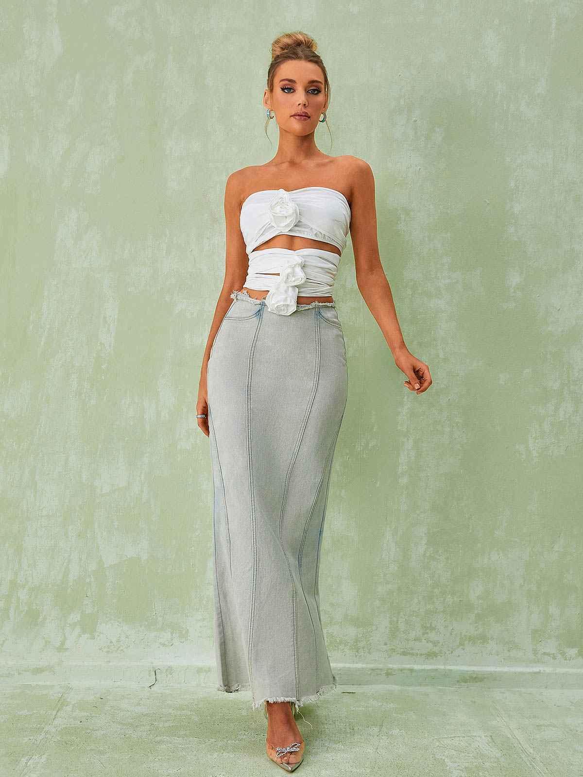Gray Denim Maxi Skirt | Mix Mix Style [Hot Seller]-Mix MIx Style